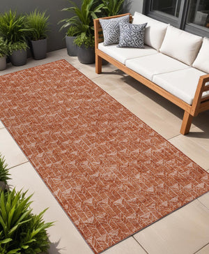 Homeroots 8' Runner Moss Green Geometric Washable Non-skid Rug For Indoor And Outdoor Elegance And Style Terracotta Polyester 560140