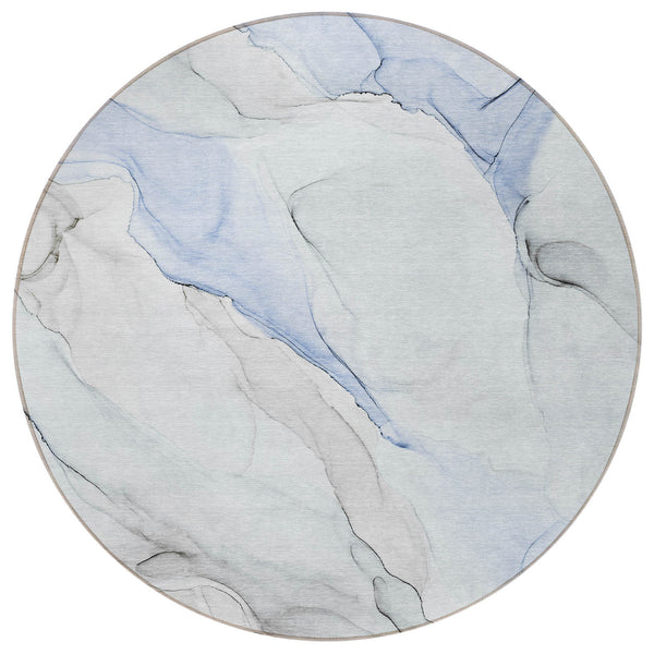 Homeroots 8' Round Ivory Blue And Gray Round Abstract Washable Non Skid Indoor Outdoor Area Rug Blue Polyester 560153