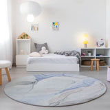 Homeroots 8' Round Ivory Blue And Gray Round Abstract Washable Non Skid Indoor Outdoor Area Rug Blue Polyester 560153