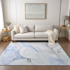 HomeRoots 5' Abstract Ivory Blue Gray Indoor Outdoor Area Rug - Modern Non-Skid, Machine Washable, Durable Design 8' X 10' 560154