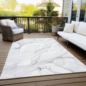 HomeRoots 5' Abstract Ivory Blue Gray Indoor Outdoor Area Rug - Modern Non-Skid, Machine Washable, Durable Design 8' X 10' 560163