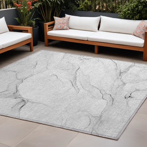 HomeRoots 5' Abstract Ivory Blue Gray Indoor Outdoor Area Rug - Modern Non-Skid, Machine Washable, Durable Design 10' X 14' 560165