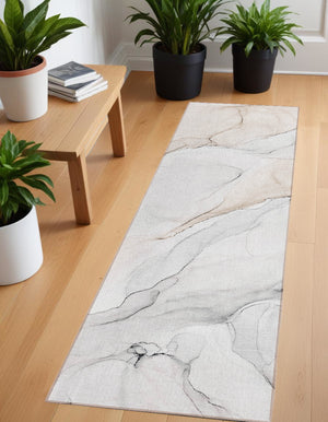 Homeroots 8' Runner Beige Ivory And Gray Abstract Washable Non Skid Indoor Outdoor Runner Rug Ivory Polyester 560176