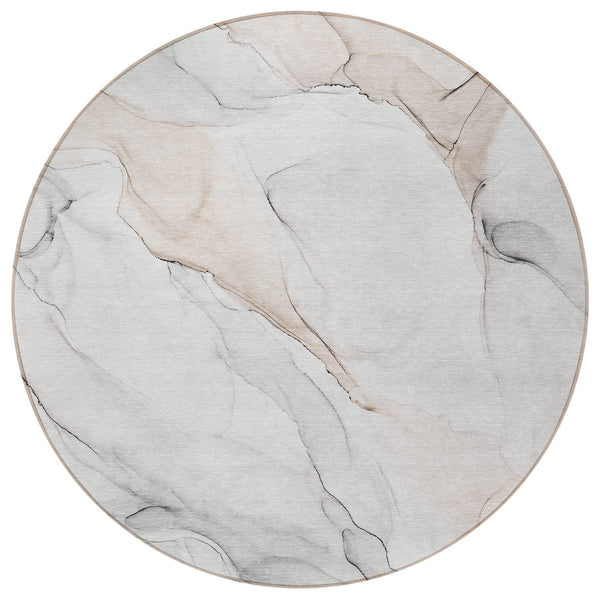 Homeroots 8' Round Beige Ivory And Gray Round Abstract Washable Non Skid Indoor Outdoor Area Rug Ivory Polyester 560180