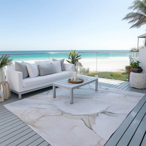 HomeRoots 5' Abstract Ivory Blue Gray Indoor Outdoor Area Rug - Modern Non-Skid, Machine Washable, Durable Design 8' X 10' 560181