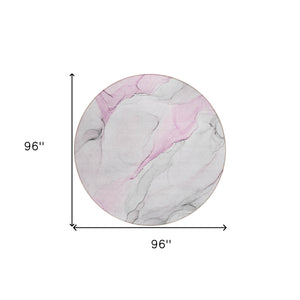 Homeroots 8' Round Gray And Pink Round Abstract Washable Non Skid Indoor Outdoor Area Rug Pink Polyester 560189
