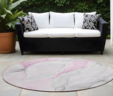 Homeroots 8' Round Gray And Pink Round Abstract Washable Non Skid Indoor Outdoor Area Rug Pink Polyester 560189