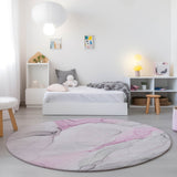 Homeroots 8' Round Gray And Pink Round Abstract Washable Non Skid Indoor Outdoor Area Rug Pink Polyester 560189