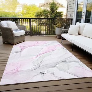 HomeRoots 5' Abstract Ivory Blue Gray Indoor Outdoor Area Rug - Modern Non-Skid, Machine Washable, Durable Design 8' X 10' 560190