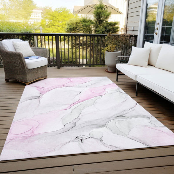 HomeRoots 5' Abstract Ivory Blue Gray Indoor Outdoor Area Rug - Modern Non-Skid, Machine Washable, Durable Design 8' X 10' 560190