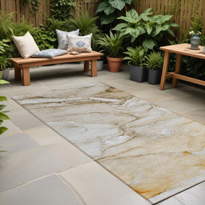 Homeroots 8' Runner Brown Abstract Washable Non Skid Indoor Outdoor Runner Rug Brown Polyester 560194