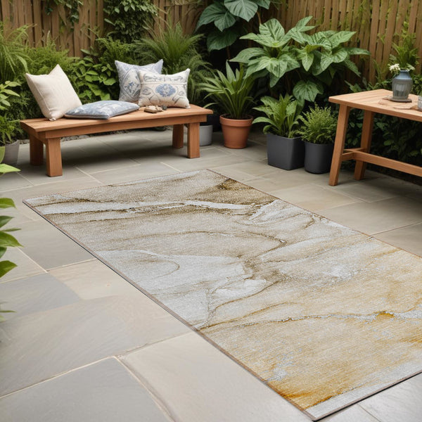 Homeroots 8' Runner Brown Abstract Washable Non Skid Indoor Outdoor Runner Rug Brown Polyester 560194