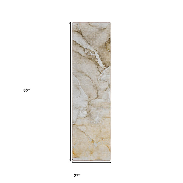 Homeroots 8' Runner Brown Abstract Washable Non Skid Indoor Outdoor Runner Rug Brown Polyester 560194