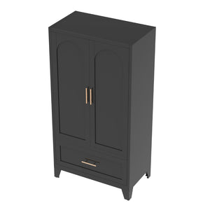 English Elm 60" Powder-coated Steel Wardrobe with Hanging Rod Drawer and Shelf for Slim Spaces W3387P396209