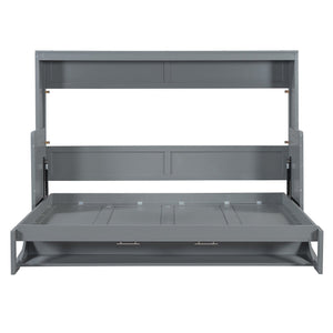 English Elm Full Size Murphy Bed With Hydraulic Lift & Integrated Desk For Space-Saving, Gray Pinewood Design N820S00032E