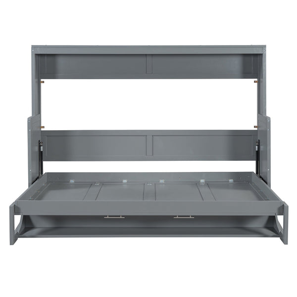 English Elm Full Size Murphy Bed With Hydraulic Lift & Integrated Desk For Space-Saving, Gray Pinewood Design N820S00032E