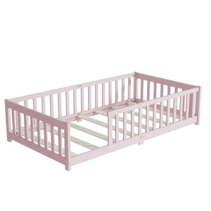 English Elm Twin Low Profile Rubberwood Floor Bed with Full Safety Fence for Toddler Rooms Pink W504P429338