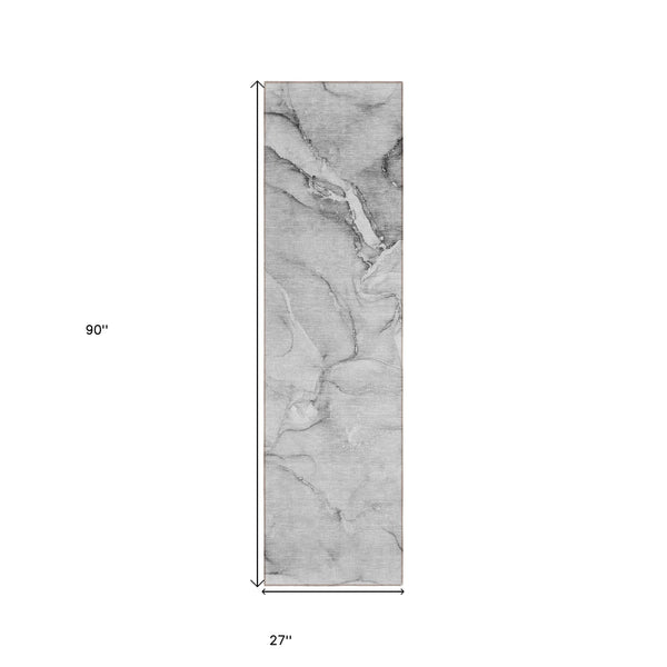 Homeroots 8' Runner Gray Abstract Washable Non Skid Indoor Outdoor Runner Rug Gray Polyester 560203