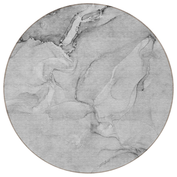 Homeroots 8' Round Gray Round Abstract Washable Non Skid Indoor Outdoor Area Rug Gray Polyester 560207