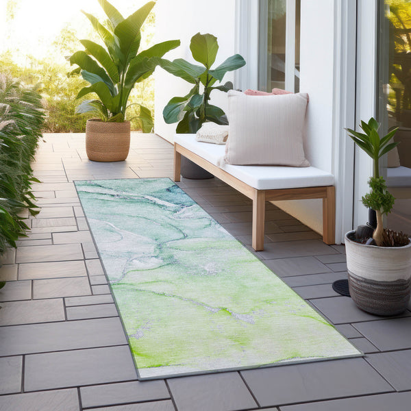 Homeroots 8' Runner Green Abstract Washable Non Skid Indoor Outdoor Runner Rug Green Polyester 560212