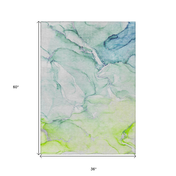 Homeroots 3' X 5' Green Abstract Washable Non Skid Indoor Outdoor Area Rug Green Polyester 560214