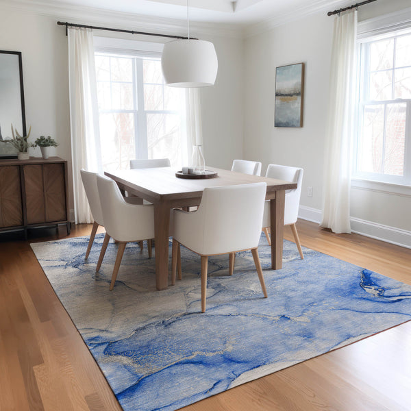 Homeroots 9' X 12' Navy Blue Abstract Washable Non Skid Indoor Outdoor Area Rug Navy Polyester 560227