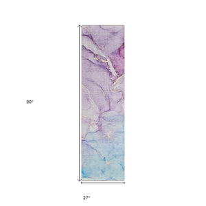 Homeroots 8' Runner Purple Abstract Washable Non Skid Indoor Outdoor Runner Rug Purple Polyester 560230