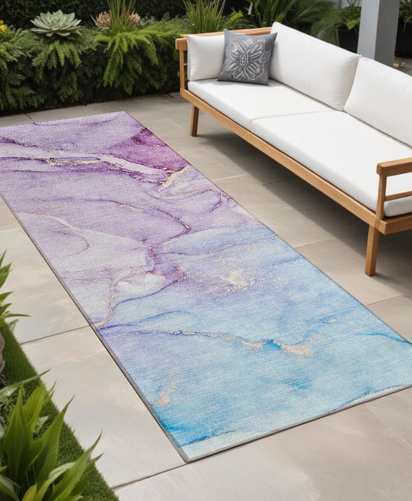 Homeroots 8' Runner Purple Abstract Washable Non Skid Indoor Outdoor Runner Rug Purple Polyester 560230