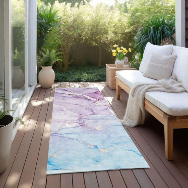 Homeroots 8' Runner Purple Abstract Washable Non Skid Indoor Outdoor Runner Rug Purple Polyester 560230