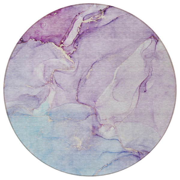 Homeroots 8' Round Purple Round Abstract Washable Non Skid Indoor Outdoor Area Rug Purple Polyester 560234