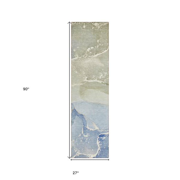 Homeroots 2' X 8' Blue And Green Abstract Washable Indoor Outdoor Runner Rug Blue Polyester 560239