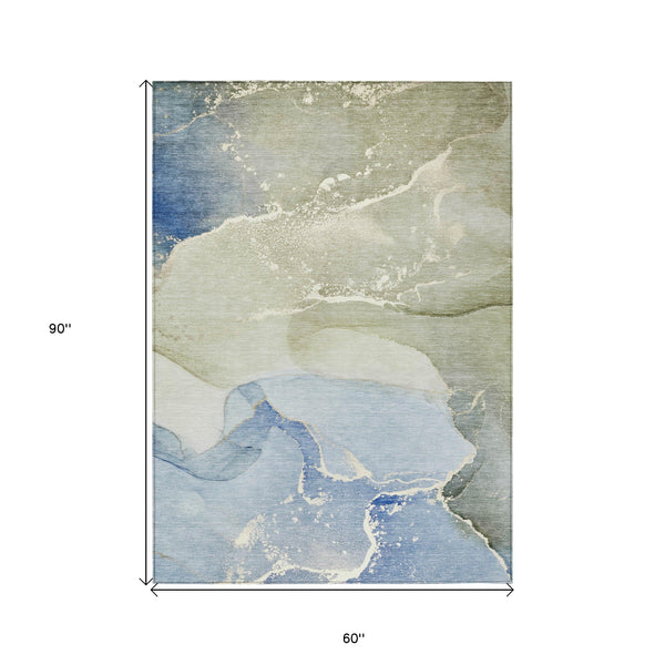 Homeroots 5' X 8' Blue And Green Abstract Washable Indoor Outdoor Area Rug Blue Polyester 560242