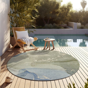 Homeroots 8' Round Blue And Green Abstract Washable Indoor Outdoor Area Rug Blue Polyester 560243