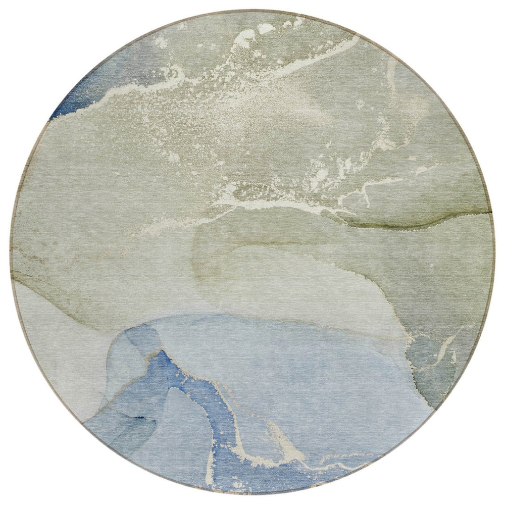 HomeRoots 5' Abstract Blue and Green Washable Area Rug – Durable Indoor Outdoor Design for Modern Spaces 8' Round 560243