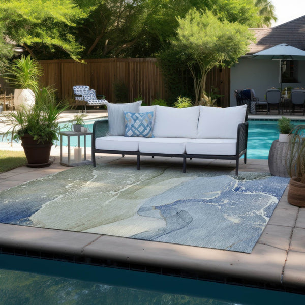 HomeRoots 5' Abstract Blue and Green Washable Area Rug – Durable Indoor Outdoor Design for Modern Spaces 9' X 12' 560245