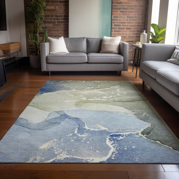 HomeRoots 5' Abstract Blue and Green Washable Area Rug – Durable Indoor Outdoor Design for Modern Spaces 9' X 12' 560245
