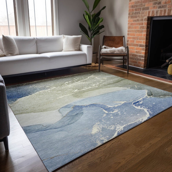 HomeRoots 5' Abstract Blue and Green Washable Area Rug – Durable Indoor Outdoor Design for Modern Spaces 9' X 12' 560245