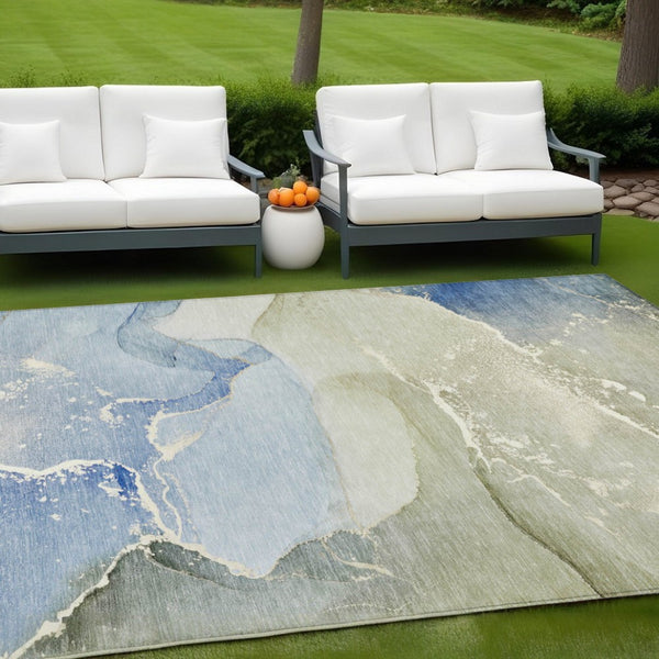 Homeroots 10' X 14' Blue And Green Abstract Washable Indoor Outdoor Area Rug Blue Polyester 560246