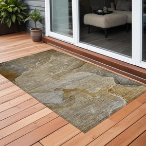 Homeroots 3' X 5' Brown Beige And Gold Abstract Washable Indoor Outdoor Area Rug Brown Polyester 560250