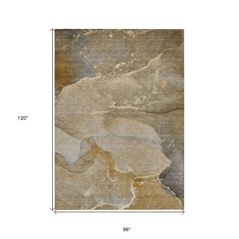 Homeroots 8' Stylish Brown Beige And Gold Abstract Washable Indoor-outdoor Area Rug For Modern Spaces 8' X 10' Polyester 560253