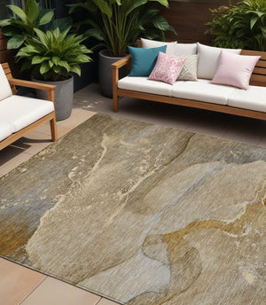 Homeroots 8' Stylish Brown Beige And Gold Abstract Washable Indoor-outdoor Area Rug For Modern Spaces 10' X 14' Polyester 560255