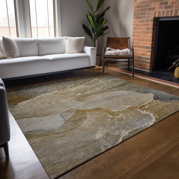 Homeroots 8' Stylish Brown Beige And Gold Abstract Washable Indoor-outdoor Area Rug For Modern Spaces 10' X 14' Polyester 560255