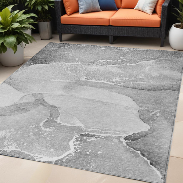 Homeroots 5' X 8' Gray And Ivory Abstract Washable Non Skid Indoor Outdoor Area Rug Gray Polyester 560260