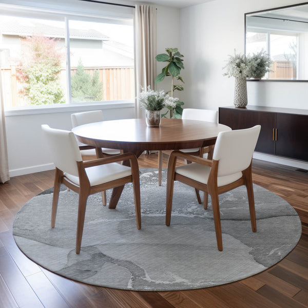 Homeroots 8' Round Gray And Ivory Round Abstract Washable Non Skid Indoor Outdoor Area Rug Gray Polyester 560261