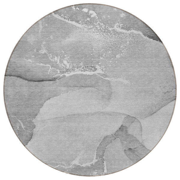 Homeroots 8' Round Gray And Ivory Round Abstract Washable Non Skid Indoor Outdoor Area Rug Gray Polyester 560261