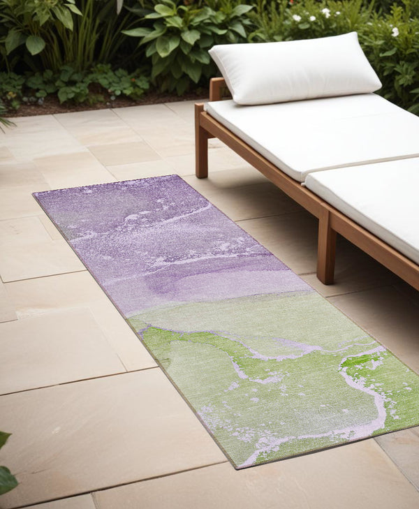 Homeroots 8' Runner Purple Abstract Washable Non Skid Indoor Outdoor Runner Rug Purple Polyester 560266