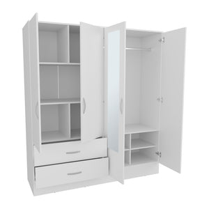 English Elm Armoire Ron White Mirrored Double Door Wardrobe with Drawers, Rods & Shelves – Space-Saving Quality B092S00295