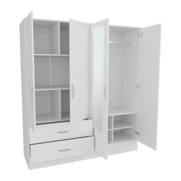 English Elm Armoire Ron White Mirrored Double Door Wardrobe with Drawers, Rods & Shelves – Space-Saving Quality B092S00295
