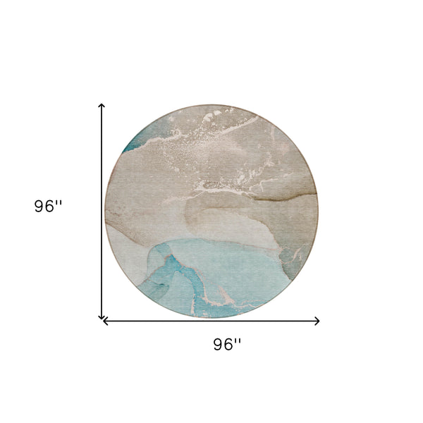 Homeroots 8' Round Teal Round Abstract Washable Non Skid Indoor Outdoor Area Rug Teal Polyester 560279