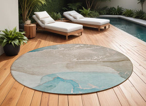 Homeroots 8' Round Teal Round Abstract Washable Non Skid Indoor Outdoor Area Rug Teal Polyester 560279